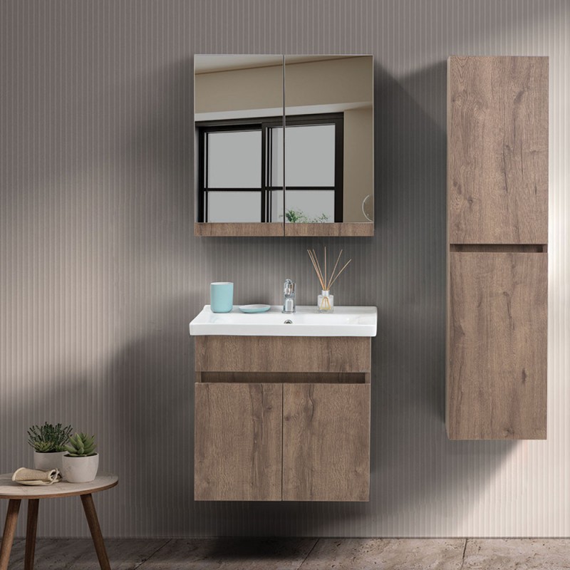 Mobile bagno sospeso 65 cm rovere scuro con specchio contenitore | Mona