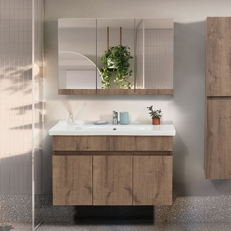 Mobile bagno sospeso 100 cm rovere scuro con specchio contenitore | Mona