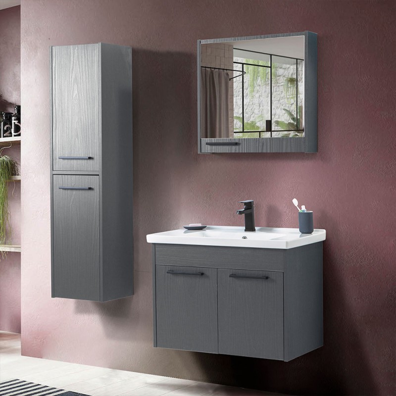 Mobile bagno sospeso 65 cm grigio effetto legno con armadietto a specchio Sofia