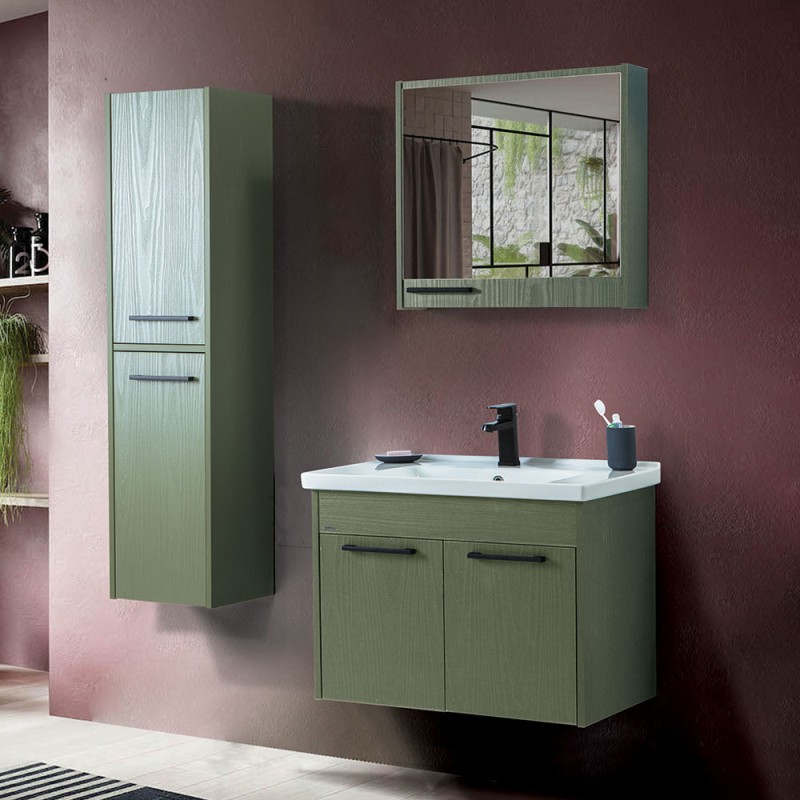 Mobile bagno sospeso 65 cm verde effetto legno con armadietto a specchio Sofia