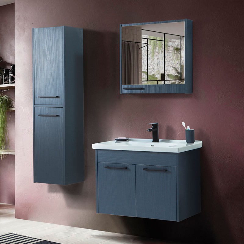 Mobile bagno sospeso 65 cm blu effetto legno con armadietto a specchio Sofia