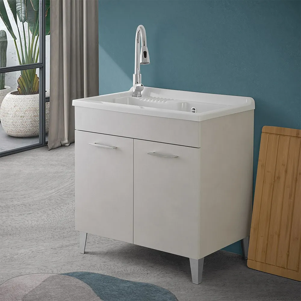 Image of Mobile lavatoio 80x50 cm grigio calce vasca in resina e kit di scarico Moon
