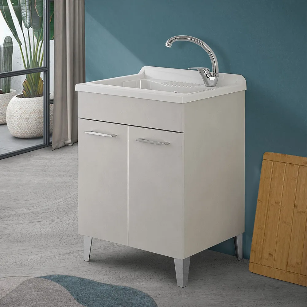 Image of Mobile lavatoio 60x50 cm grigio calce vasca in resina e kit di scarico Moon