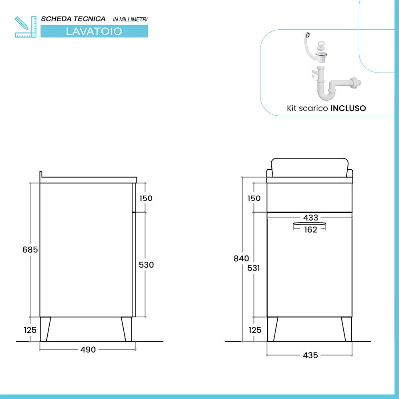 Vasca Lavatoio Negrari 45x50cm In Resina PP - Con Sifone E Piletta, Bianco, Made Italy - Foto 4