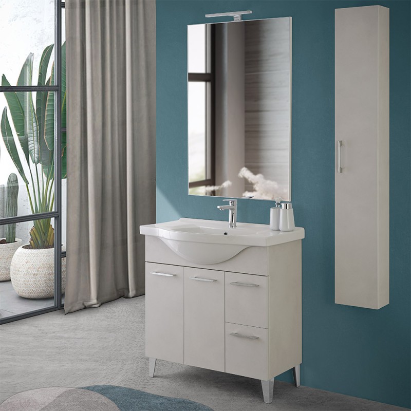 Mobile bagno a terra 85 cm grigio calce con lavabo e specchio Moon