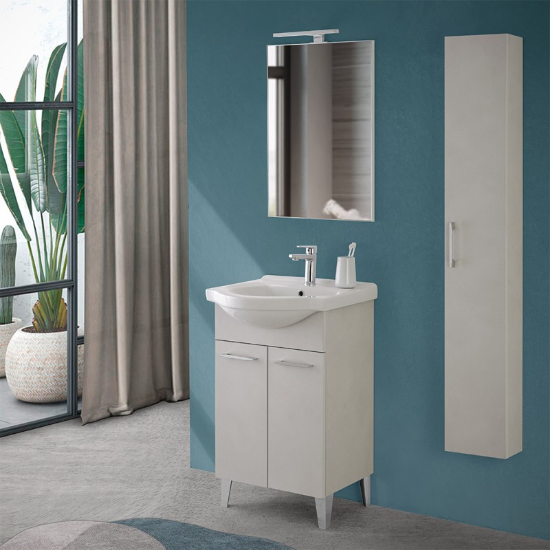 Mobile bagno a terra 65 cm grigio calce con lavabo e specchio Moon