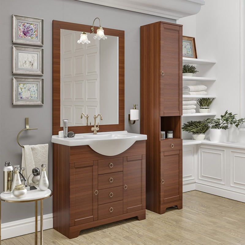 Mobile bagno a terra 85 cm noce con lavabo specchio e lampada Romantica