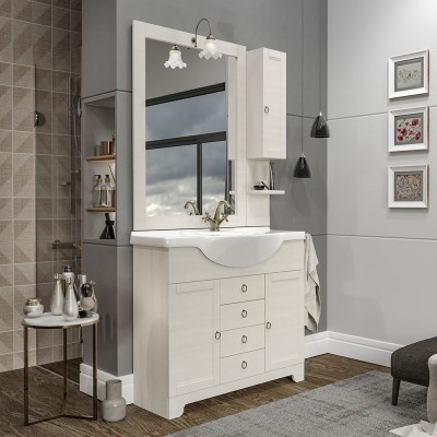 OFFERTA, MOBILE BAGNO DA TERRA 105 CM BIANCO OPACO DOPPIO CASSETTO E  SPECCHIO