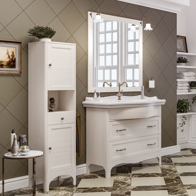 Mobile bagno a terra 115 cm bianco decape con cassetti specchio e