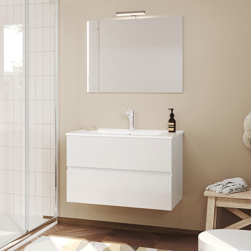 Mobile bagno sospeso bianco lucido 80 cm lavabo e specchiera LED Easy