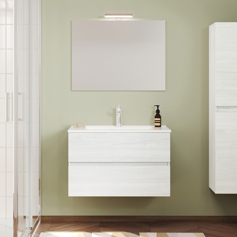 Mobile bagno sospeso bianco venato 80 cm lavabo e specchiera LED Easy
