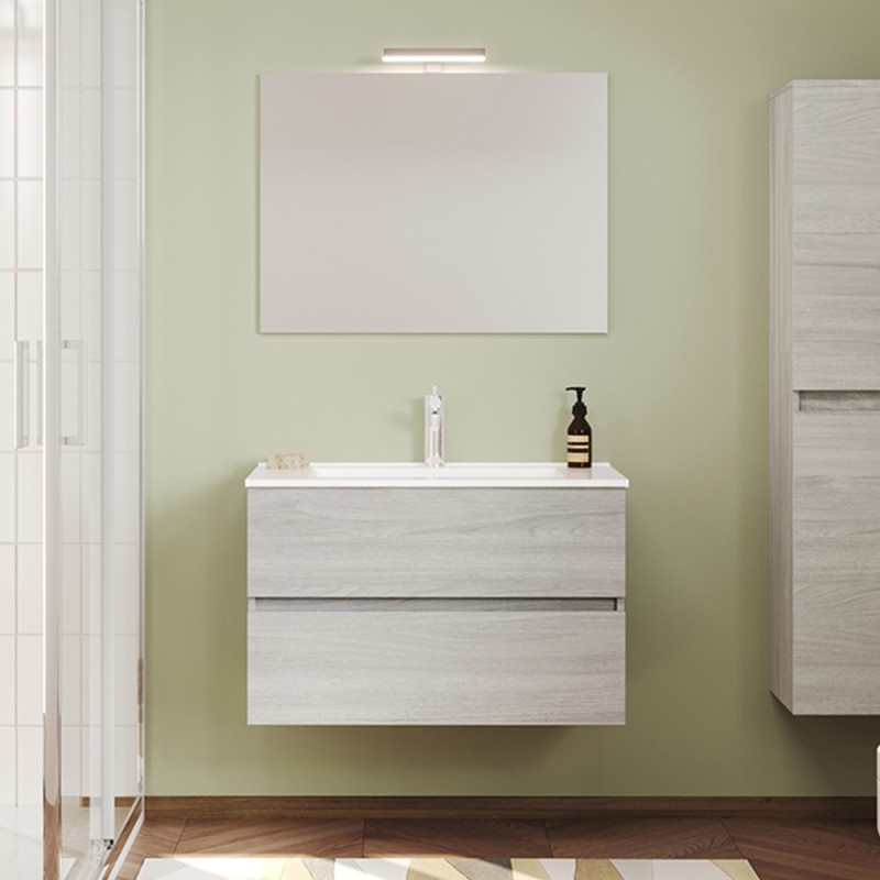 Mobile bagno sospeso rovere grigio 80 cm lavabo e specchiera LED Easy