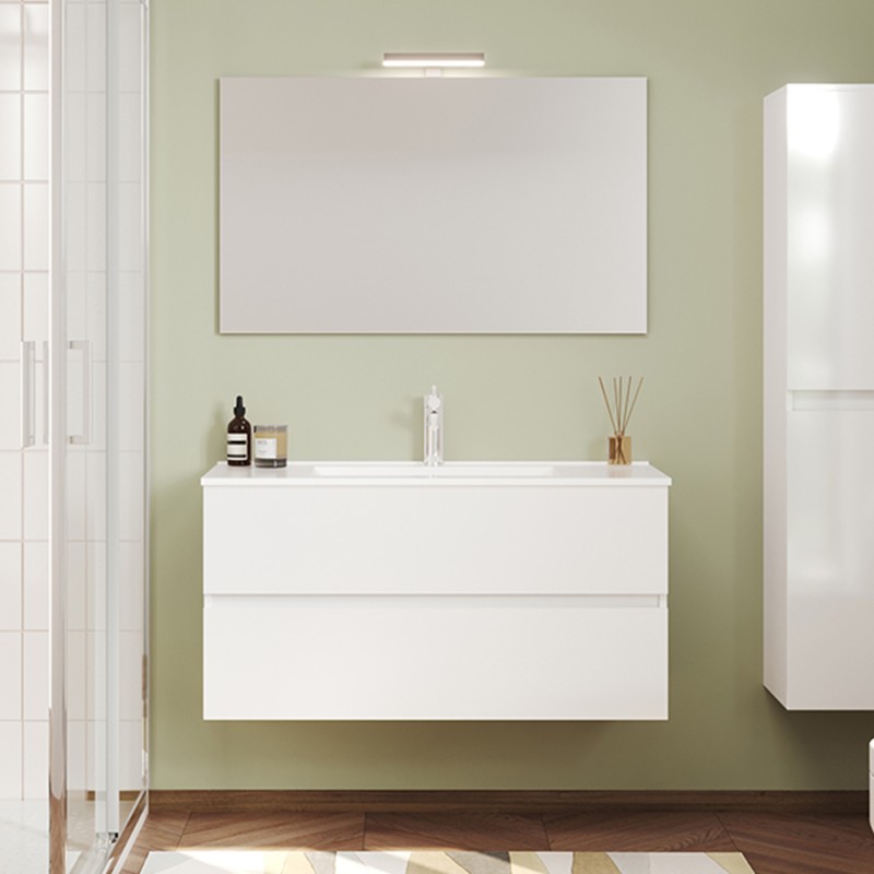 Mobile bagno sospeso bianco lucido 100 cm lavabo e specchiera LED Easy