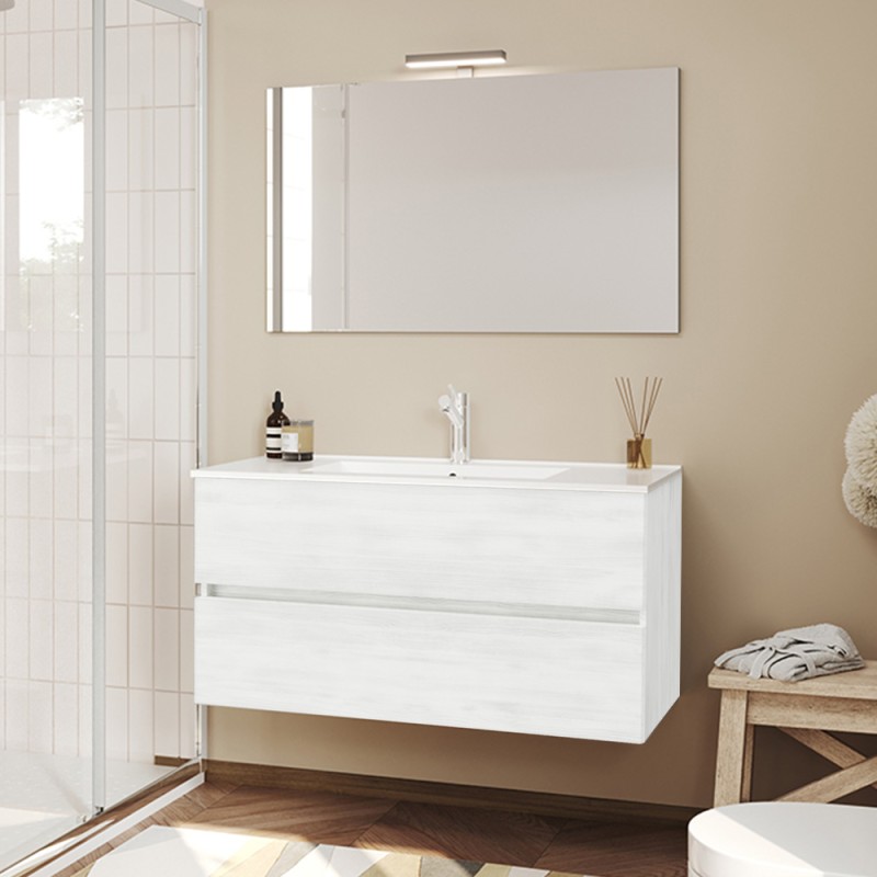 Mobile bagno sospeso bianco venato 100 cm lavabo e specchiera LED Easy