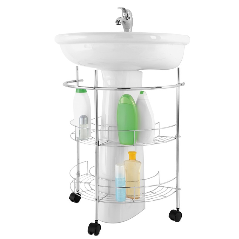 Carrello sottolavabo in acciaio cromato con 2 ripiani e rotelle Carrello sottolavabo in acciaio cromato con 2 ripiani e rotelle