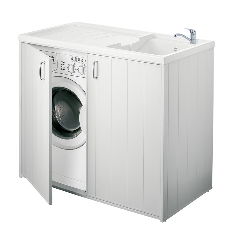 Composizione Mobili Lavanderia Area51-06 con lavatoio, moduli lavatrice ed  asciugatrice e colonna - Laccato Indaco Opaco