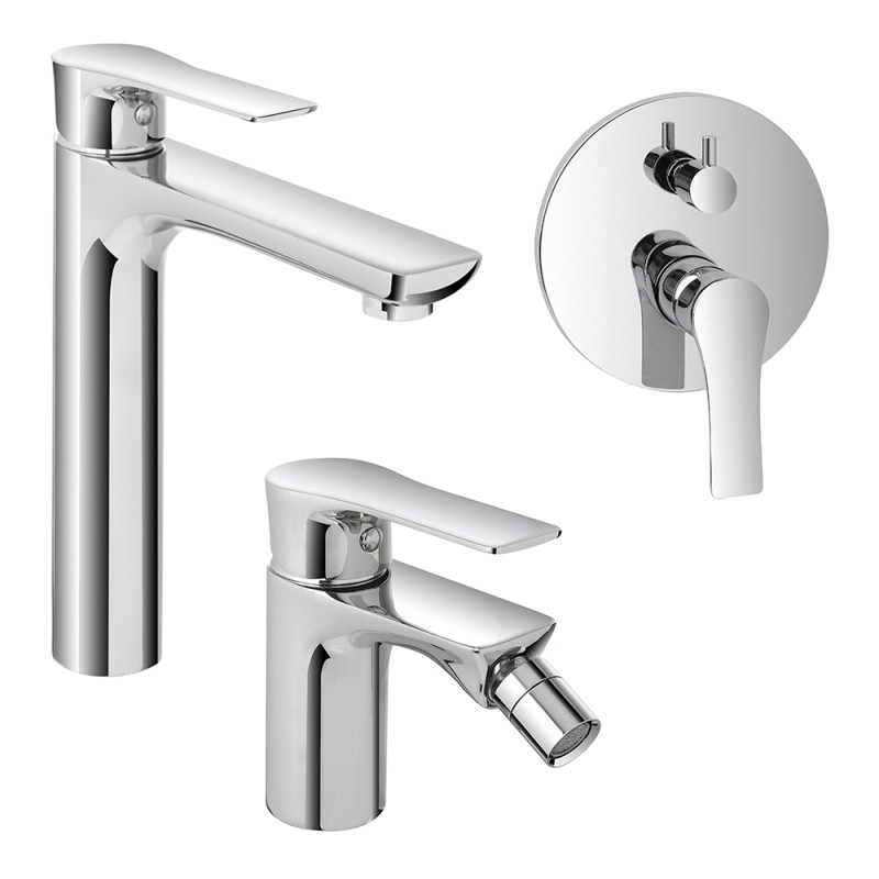 Set miscelatori lavabo alto bidet e doccia con deviatore in ottone Flat