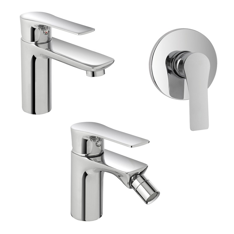 Set miscelatori lavabo bidet e doccia Flat con piletta click clack 