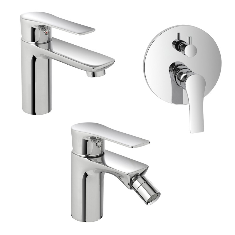 Set miscelatori lavabo bidet e doccia con deviatore in ottone Flat