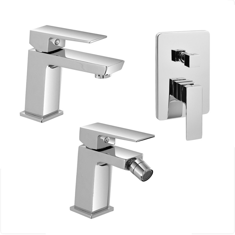 Set miscelatori lavabo bidet e doccia con deviatore cromo lucido Kubo