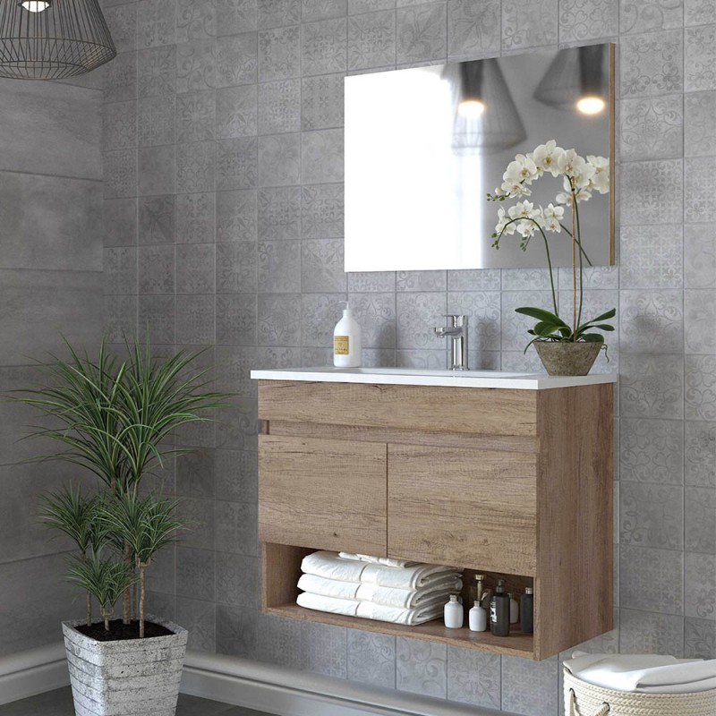 Mobile bagno sospeso 80 cm 2 ante serie Oasi rovere con specchio e lavabo