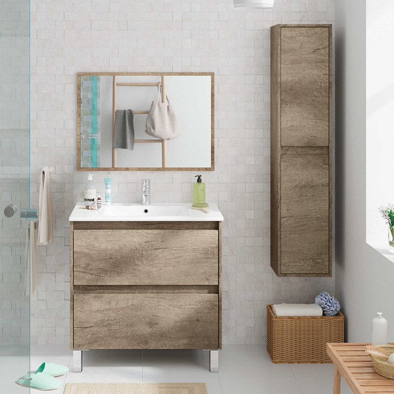 Mobiletto bagno a terra 80 cm 2 cassetti serie Oasi rovere con specchio e lavabo