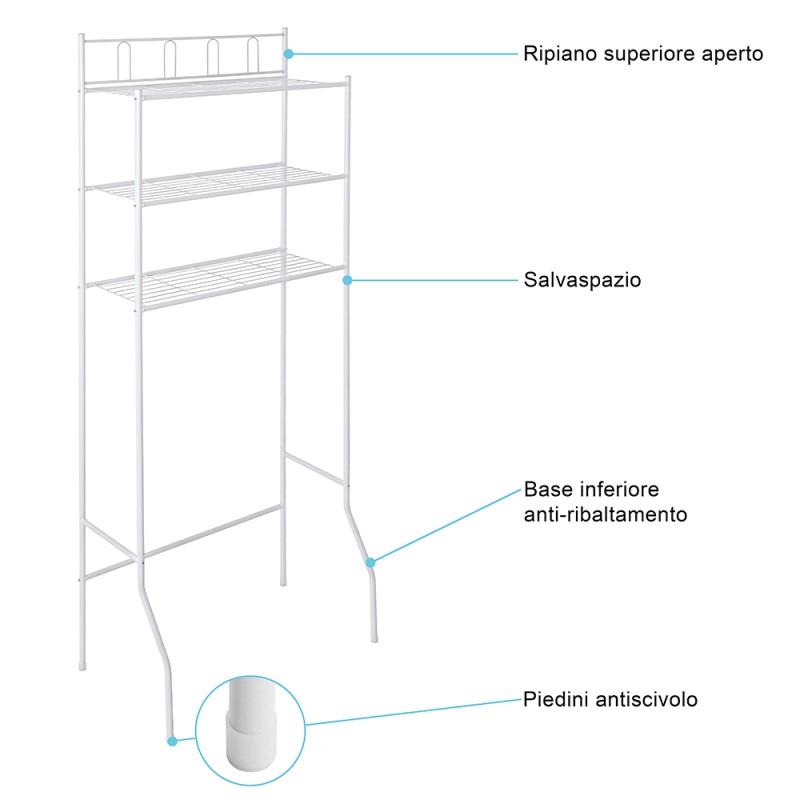 Scaffale Per Lavatrice Da 66 Cm - 3 Ripiani In Acciaio Bianco, Salvaspazio Per Bagno - Foto 8