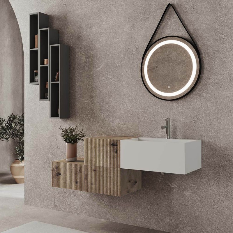 Mobile sospeso 100 cm cannettato rovere naturale lavabo in resina Tevere