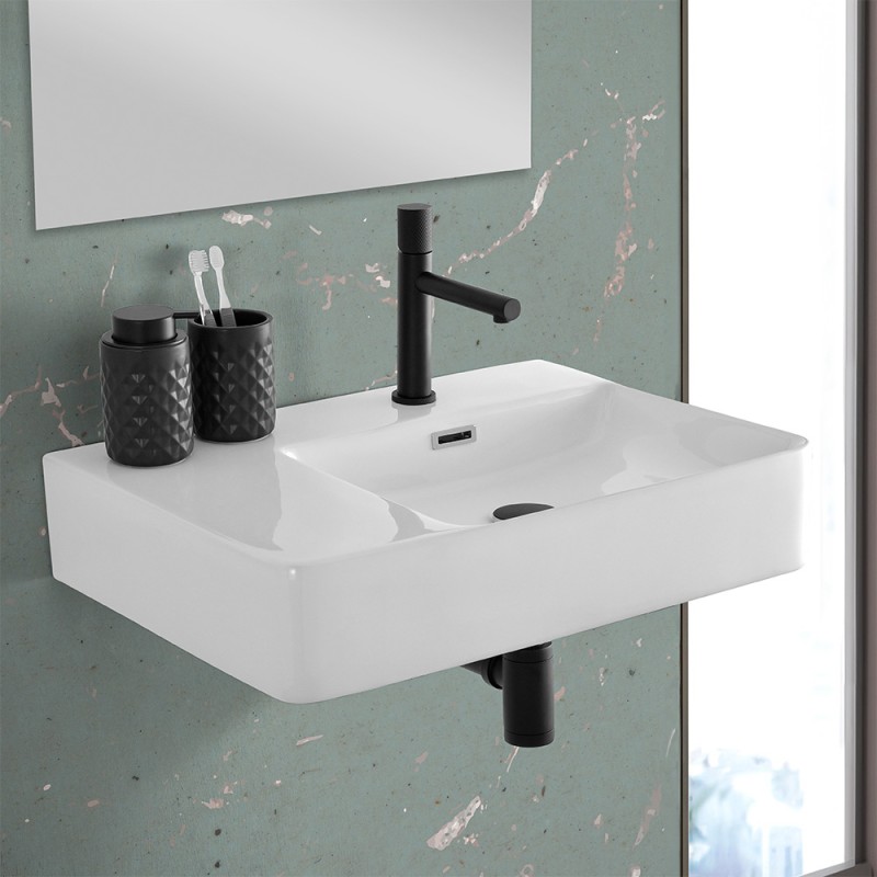 Lavabo sospeso 60x43 in ceramica lucida con ripiano a sinistra