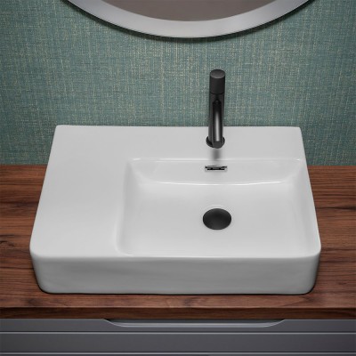 Lavamani da appoggio 60x43 con vasca a destra in ceramica lucida