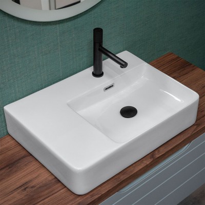 Lavello bagno da appoggio 60x43 con vasca a destra in ceramica lucida