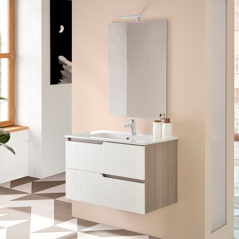 Mobile bagno sospeso 80 cm bianco cannettato e olmo con specchio Porto