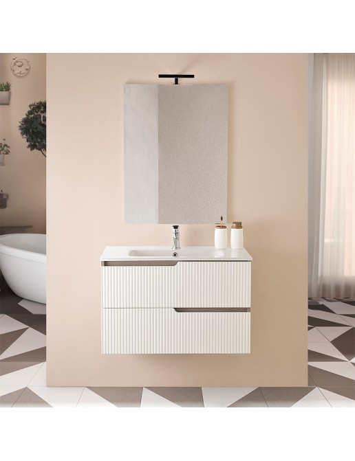 Mobile Bagno Sospeso PORTO - Bianco/Olmo, 2 Cassetti Soft-Close, Lavabo Ceramica, Specchio LED 80x60 Cm - Foto 7