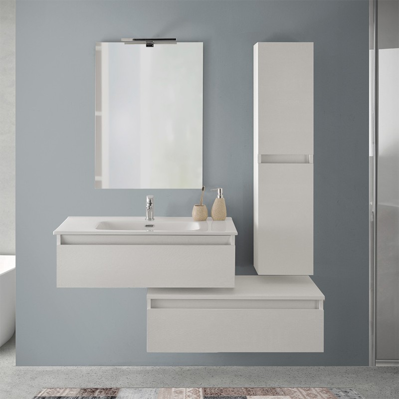 Mobile bagno sospeso 90 rovere bianco con 2 cassetti e pensile Nadia