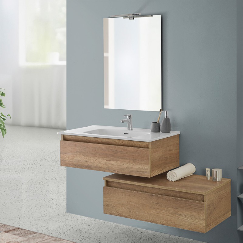 Mobile bagno sospeso 90 rovere naturale con base lavabo e cassetto Nadia