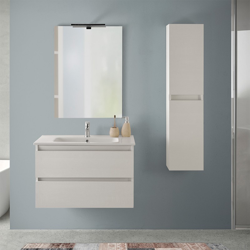 Mobile bagno sospeso 80 cm rovere bianco con pensile H 125 cm Nadia