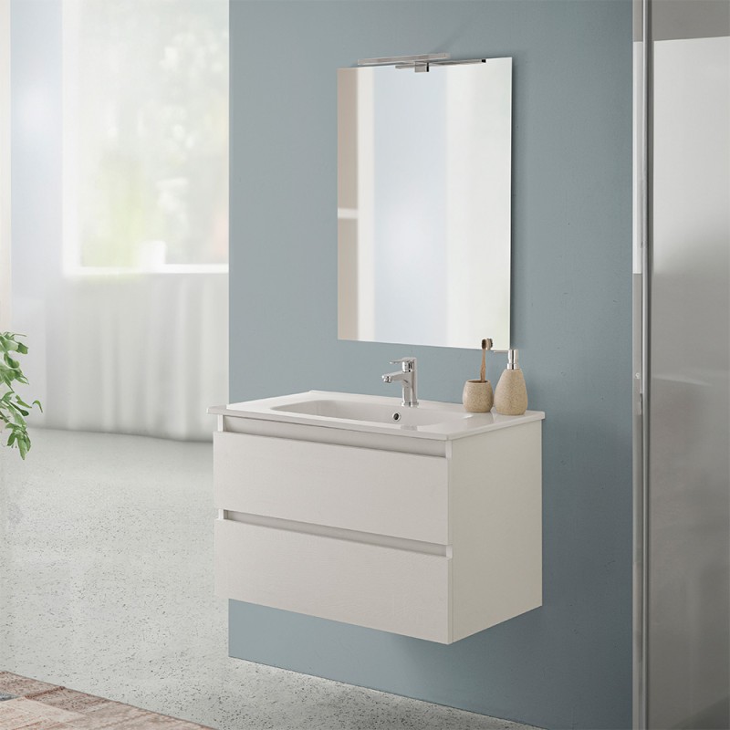 Mobile bagno sospeso 80 rovere bianco completo con 2 cassetti Nadia