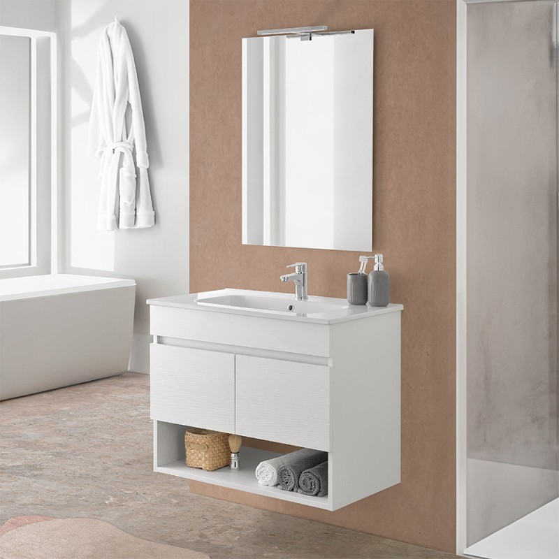 Mobile bagno sospeso 80 cm in legno bianco con lavabo e specchio Oasi