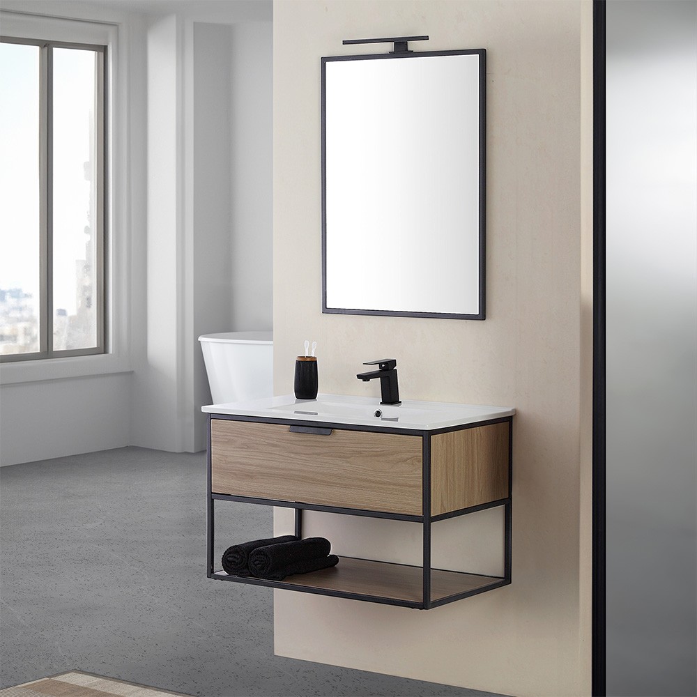 Image of Mobile bagno sospeso 80 cm stile industrial nero e legno Baketo