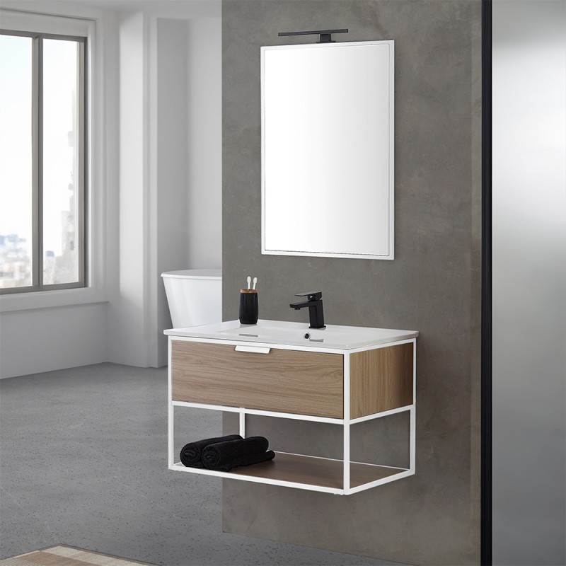 Mobile bagno sospeso 80 cm stile industrial bianco e legno Baketo