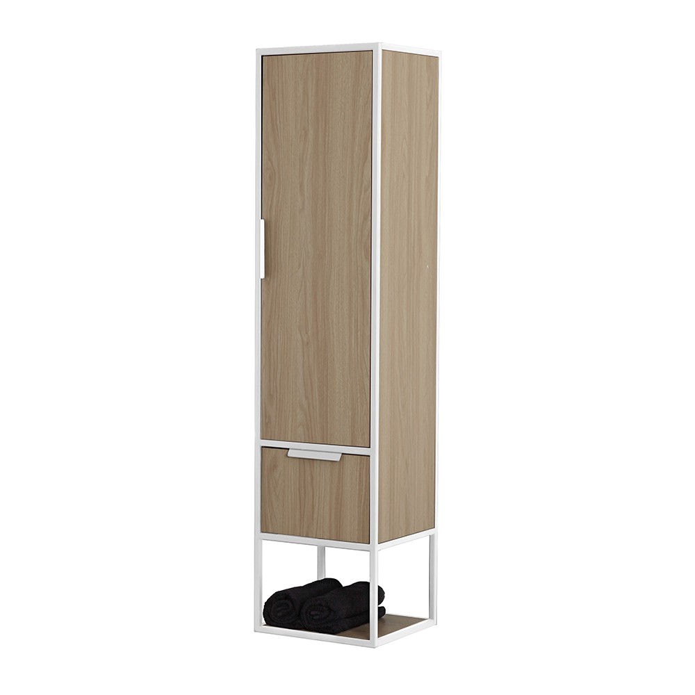 Image of Colonna bagno sospesa H 150 cm stile industrial bianco e legno Baketo