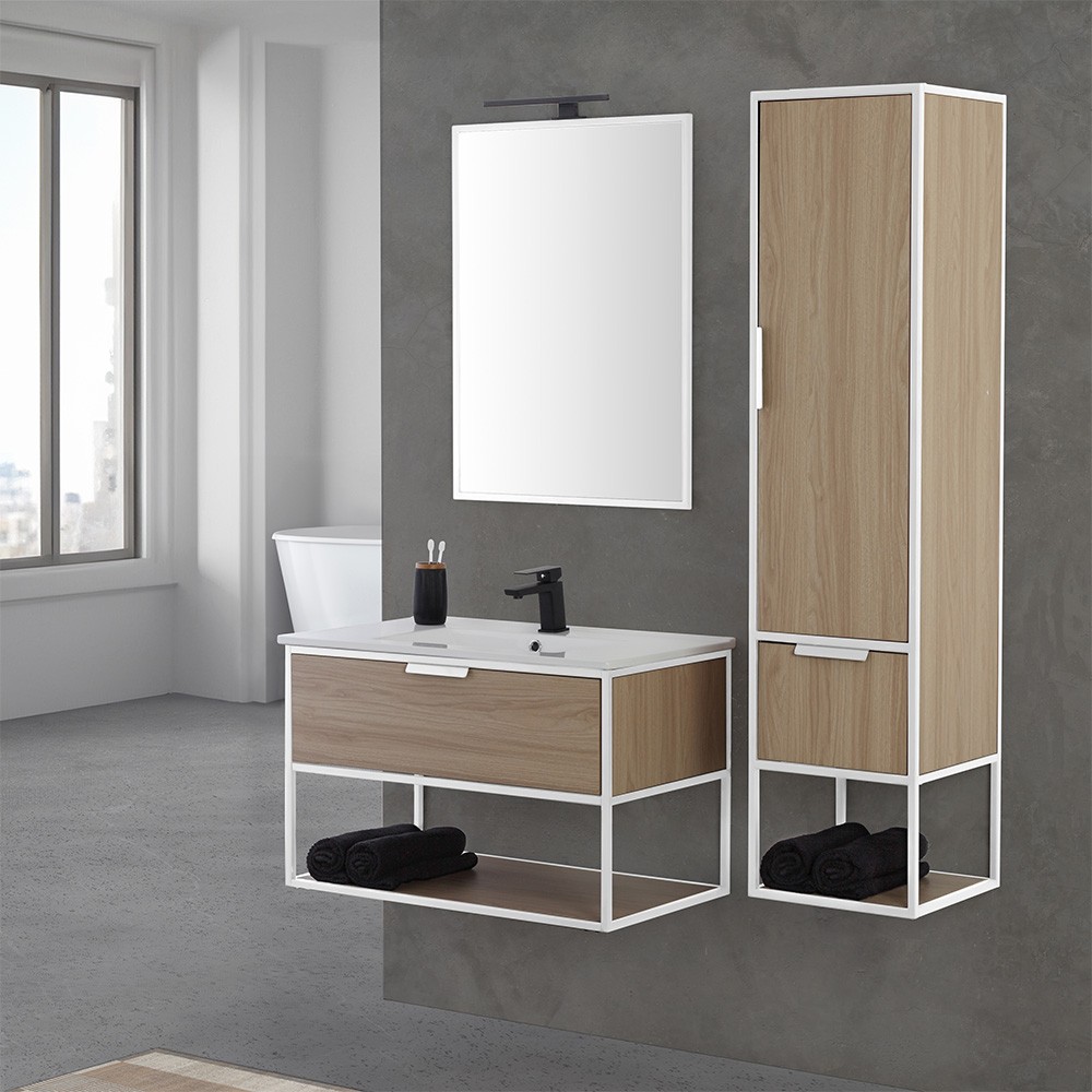 Image of Mobile bagno sospeso 80 cm industrial bianco e legno con pensile Baketo