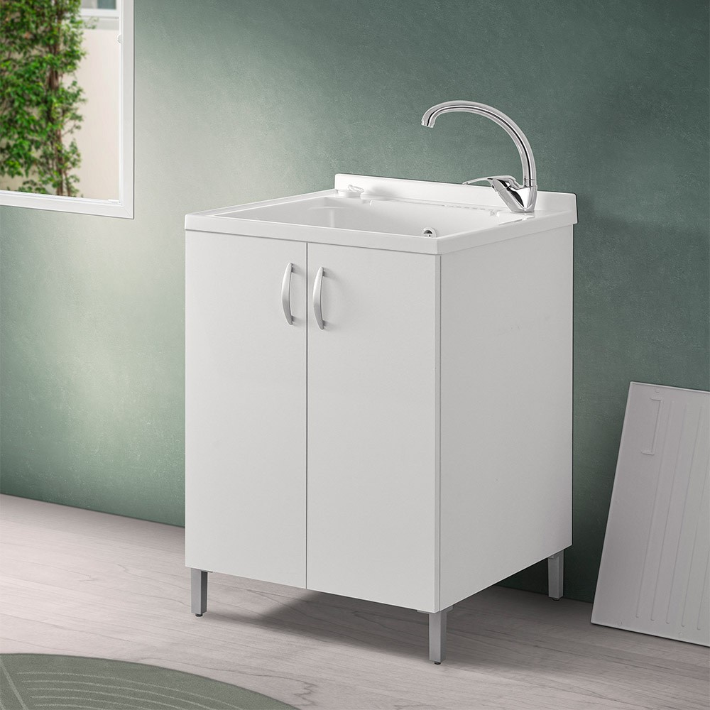 Image of Mobile lavatoio 60x60 cm bianco con vasca asse lavapanni e kit di scarico