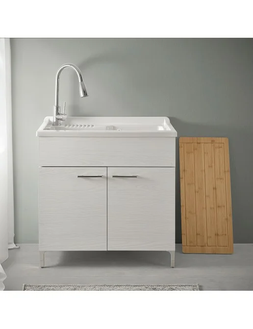 Mobile Lavatoio 80x50cm Bianco Venato - Con Vasca Resistente, 2 Ante E Kit Scarico Incluso