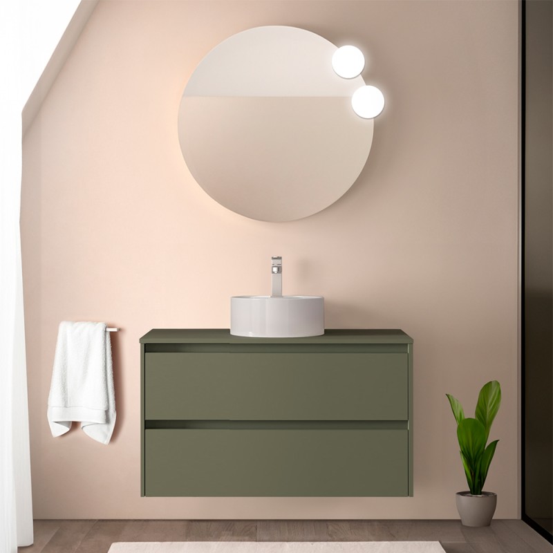 Mobile bagno sospeso 90 cm verde satinato con top e specchio Gaya