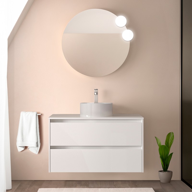 Mobile bagno sospeso 90 cm bianco lucido con top e specchio Gaya