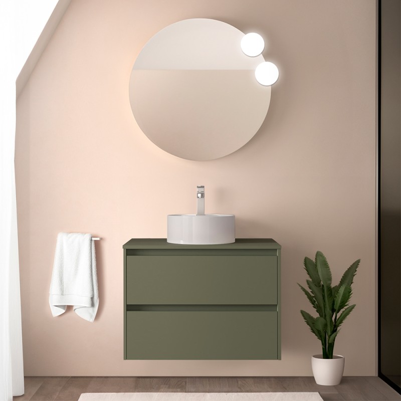 Mobile bagno sospeso 80 cm verde satinato con top e specchio Gaya