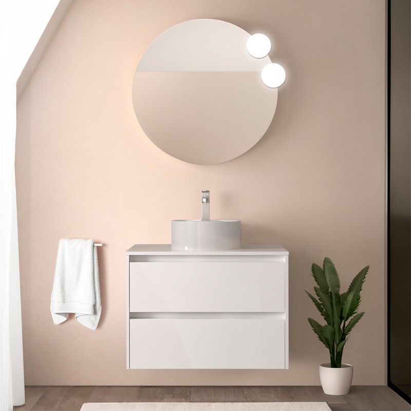 Mobile bagno sospeso 80 cm bianco lucido con top e specchio Gaya
