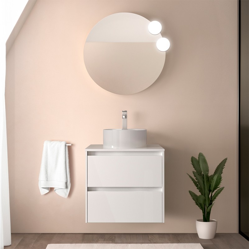 Mobile bagno sospeso 70 cm bianco lucido con top e specchio Gaya