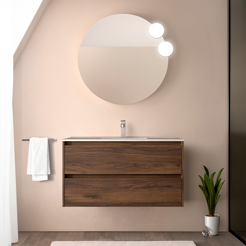 Mobile bagno sospeso 90 cm noce maya con specchio e lavabo Gaya